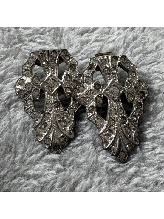 Antique Art Deco Rhinestone Shoe Buckles Pair Metal Filigree Design Circa 1920s main image 4